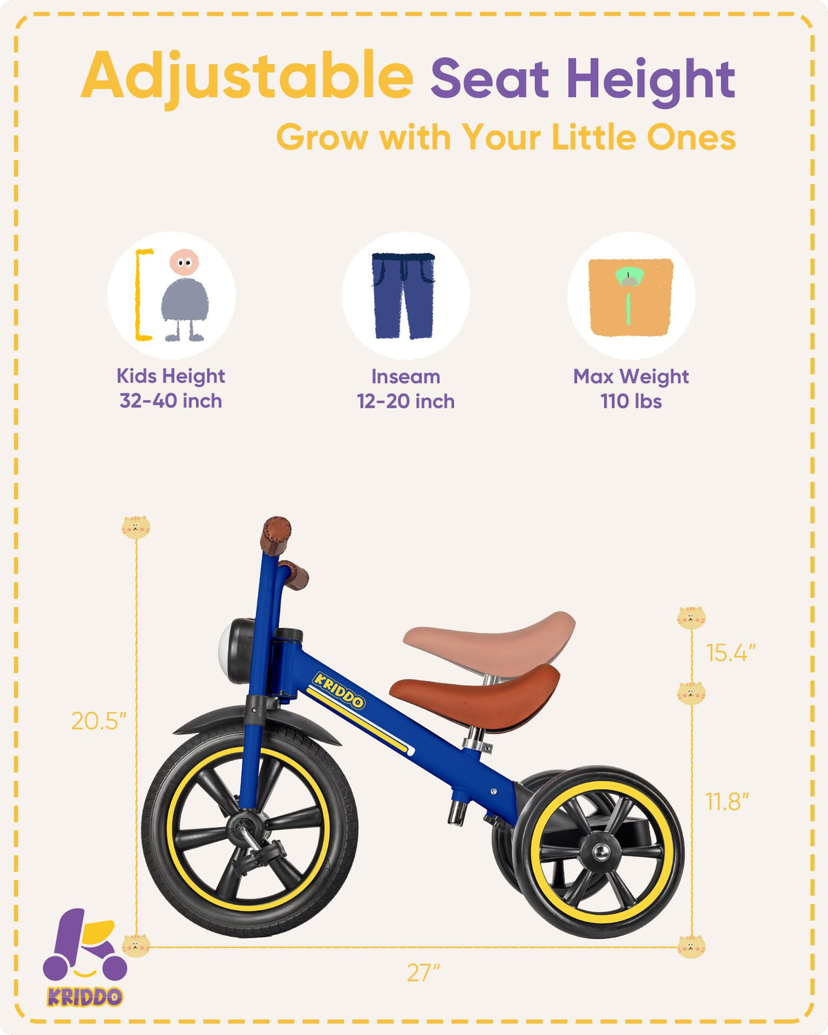 KRIDDO Kids 12-Inch Tricycle indoor-outdoor use enables quiet rides on all surfaces.