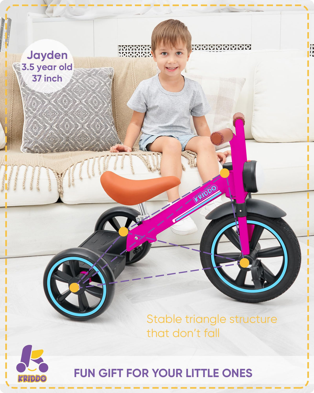 KRIDDO Kids Tricycle adjustable seat height grows with child