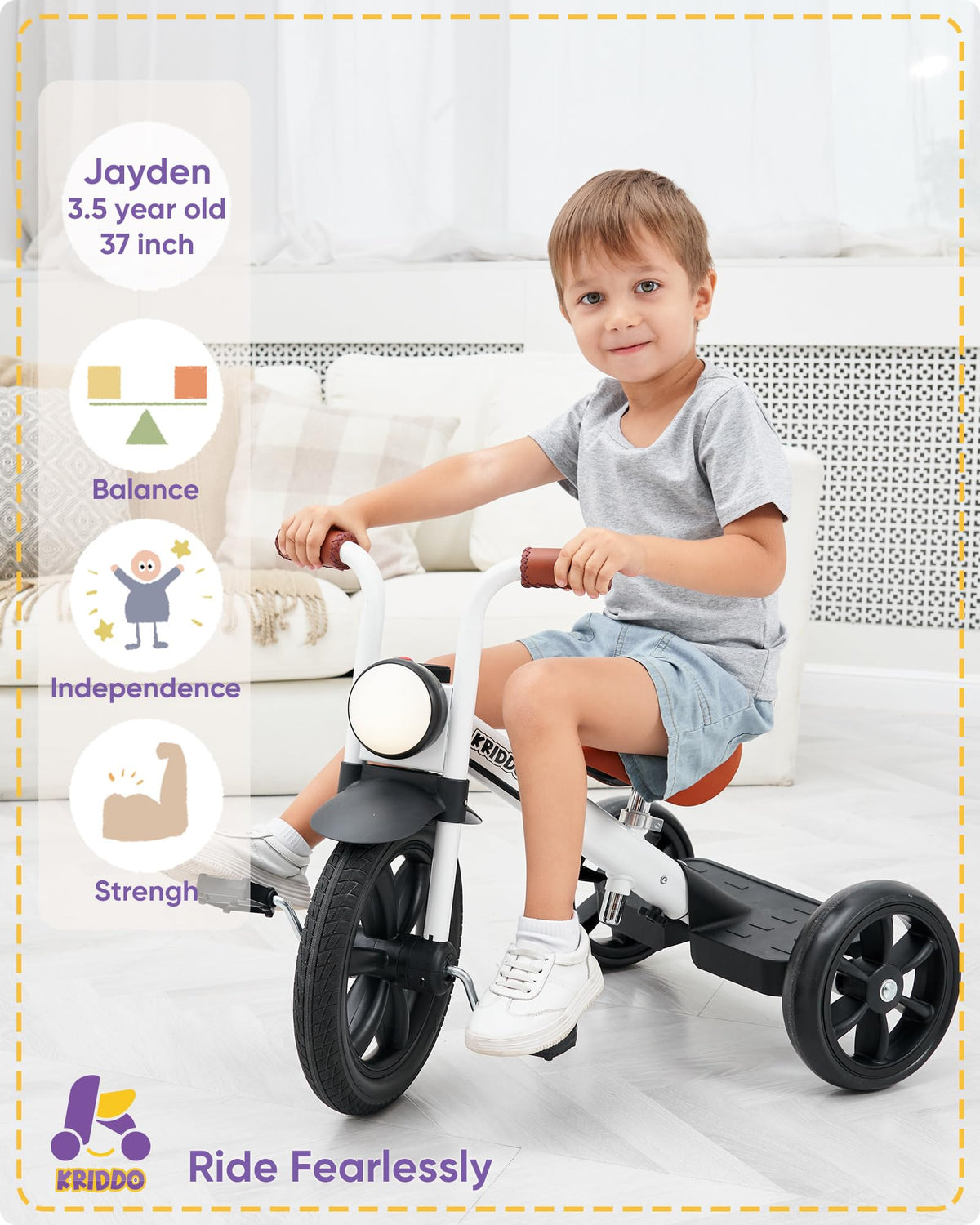 KRIDDO Kids Tricycle adjustable seat height to grow with your child