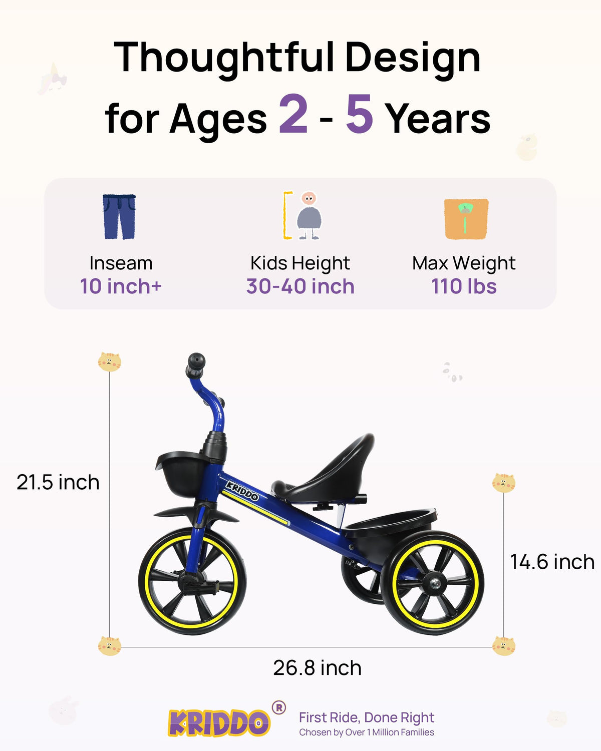 KRIDDO kids tricycle blue ergonomic seat and grips enable comfortable daily rides