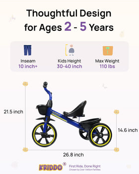 KRIDDO kids tricycle blue ergonomic seat and grips enable comfortable daily rides