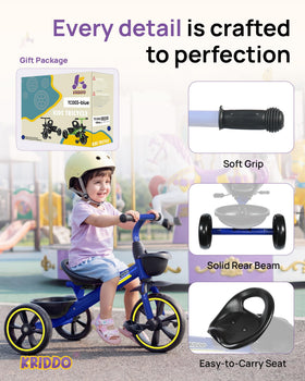KRIDDO kids tricycle blue extended rear wheels improve balance for learners