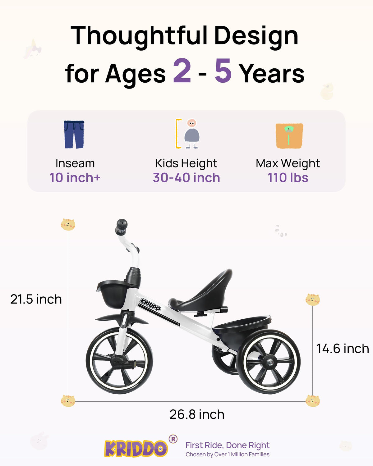 KRIDDO ergonomic seat and grips support comfortable, confident first rides.