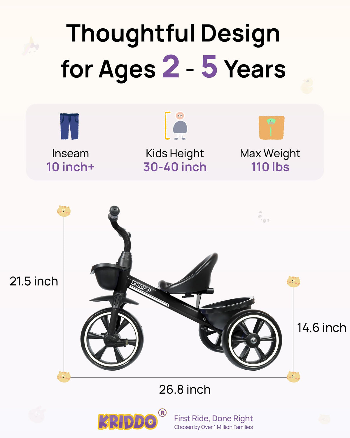 KRIDDO Kids Tricycle ergonomic-seat highlights comfortable seating for toddlers during rides.