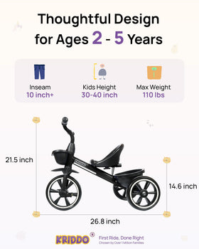 KRIDDO Kids Tricycle ergonomic-seat highlights comfortable seating for toddlers during rides.