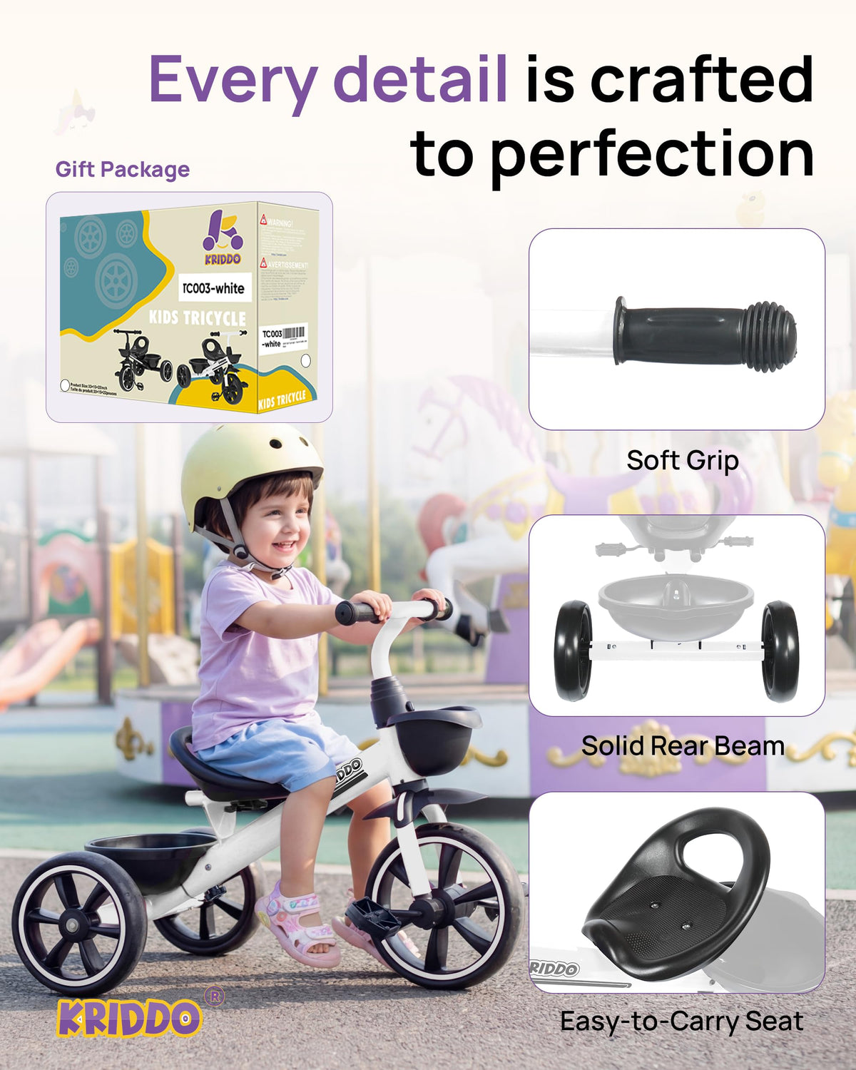 KRIDDO tricycle with extended rear wheels provides improved stability for learners.