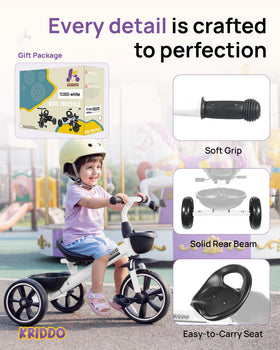 KRIDDO tricycle with extended rear wheels provides improved stability for learners.
