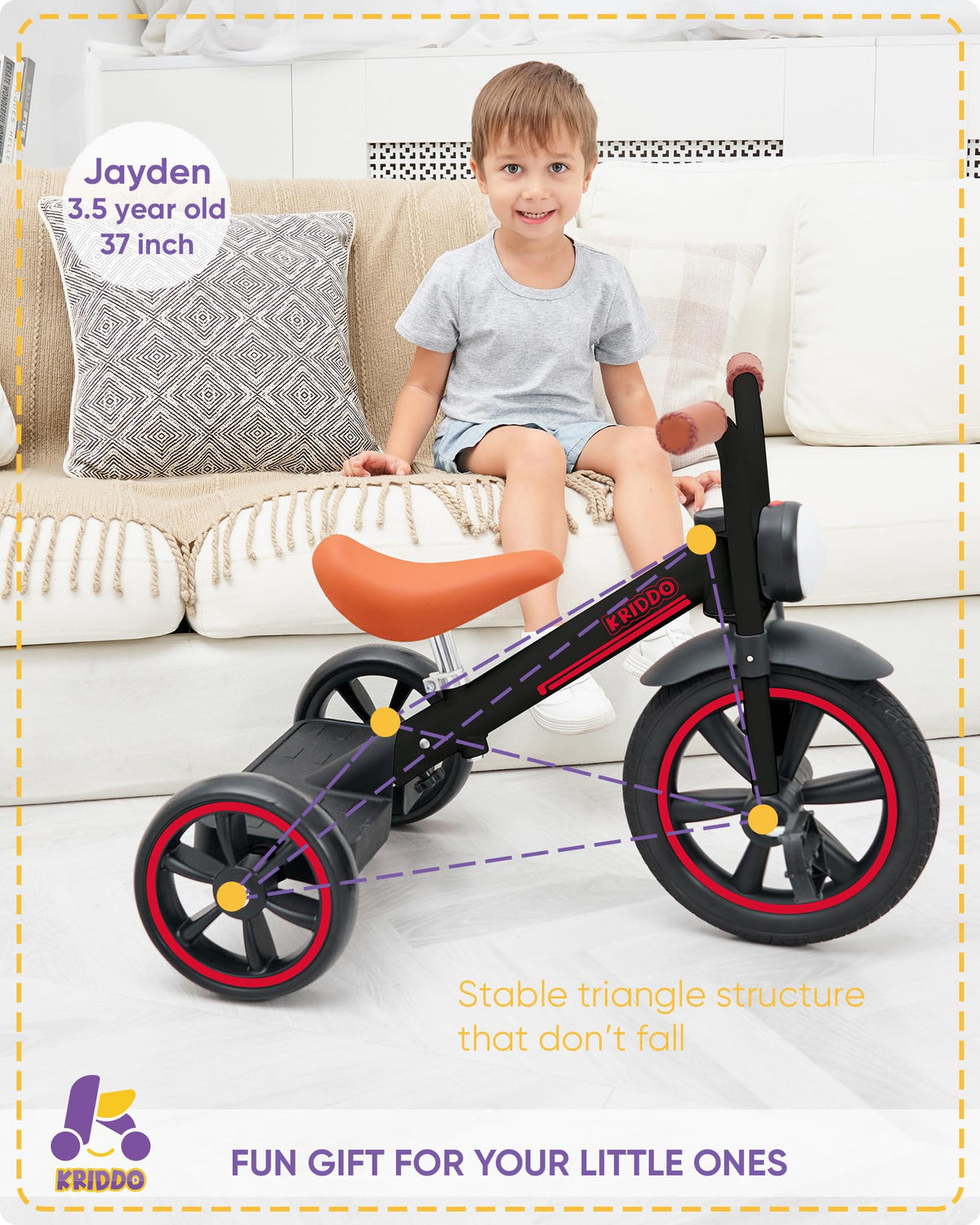 KRIDDO Tricycle extended rear wheels enhance balance and stability while riding