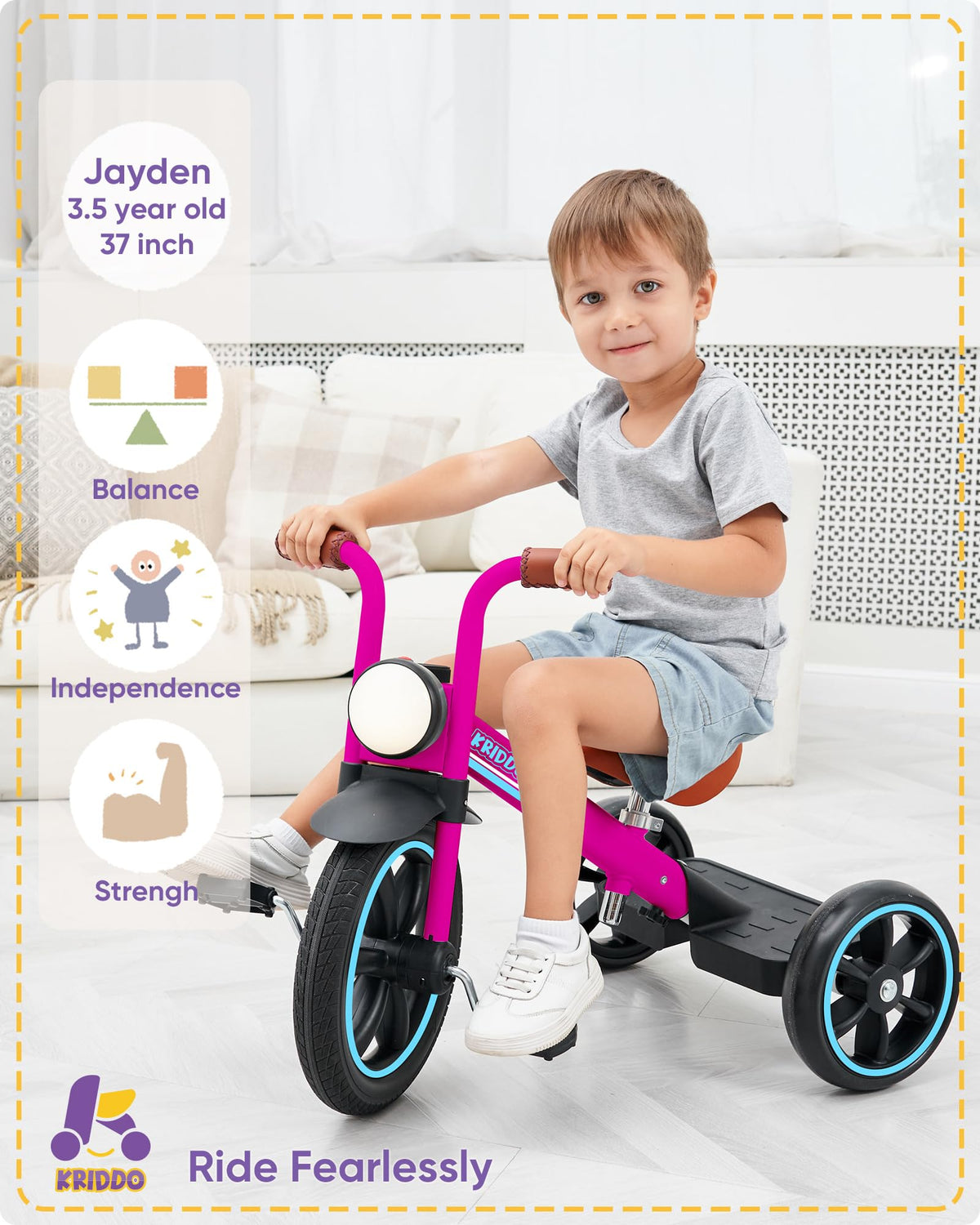 KRIDDO Kids Tricycle front light enhances visibility during dusk play