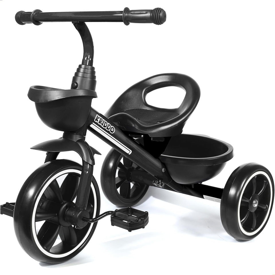KRIDDO Kids Tricycle front view highlights sturdy frame for safe outdoor adventures.