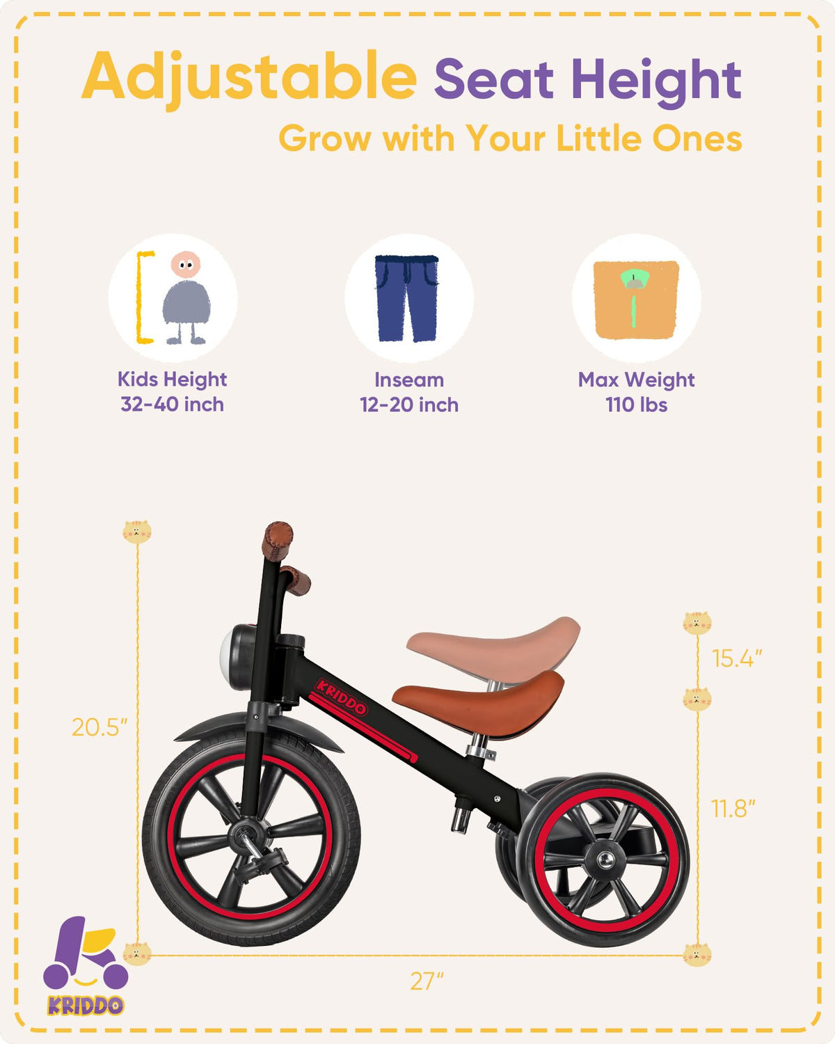 KRIDDO Tricycle silent wheels enable quiet indoor and outdoor use