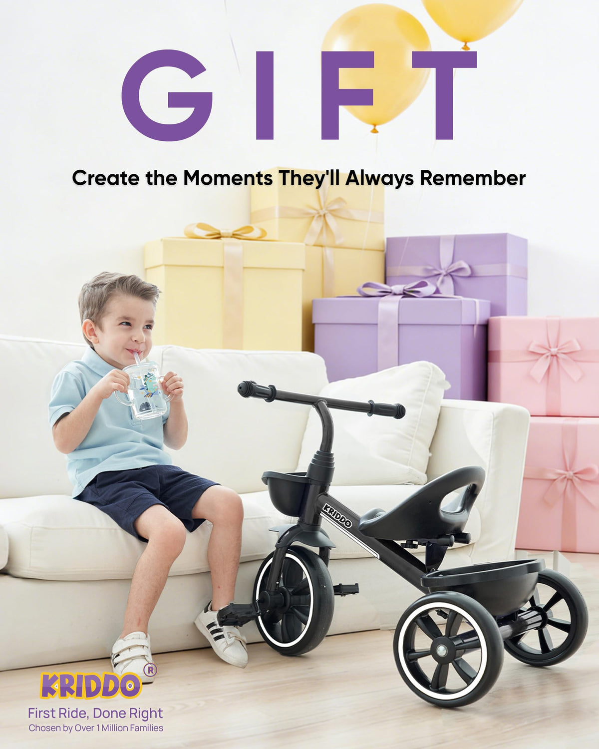 KRIDDO Kids Tricycle indoor-outdoor-use supports quiet rides on various floors.
