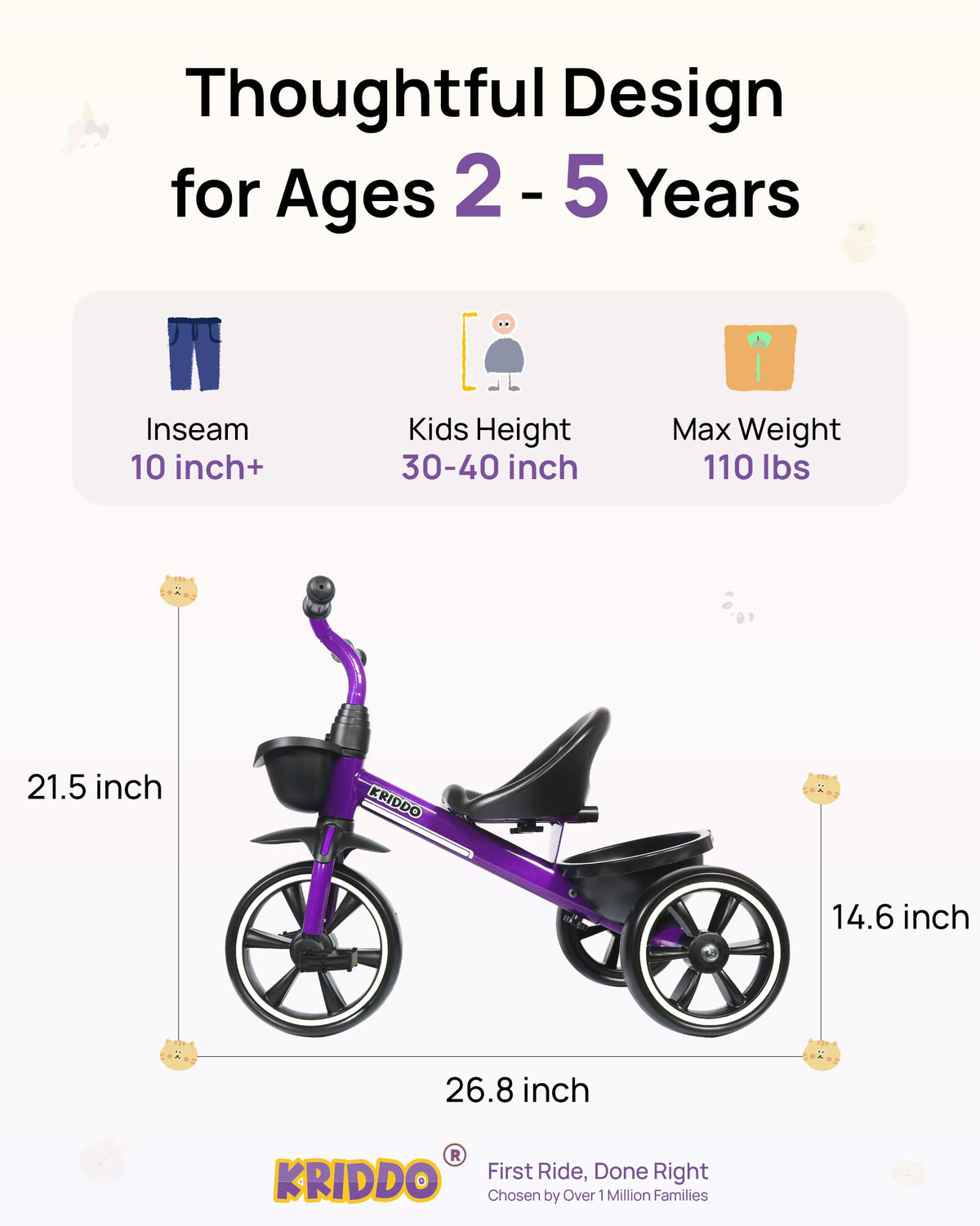 KRIDDO kids tricycle rear wheel, widened base reduces tipping during learning.