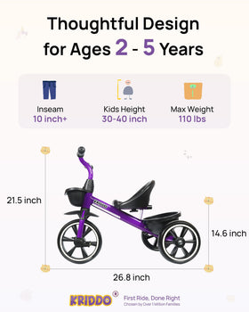 KRIDDO kids tricycle rear wheel, widened base reduces tipping during learning.