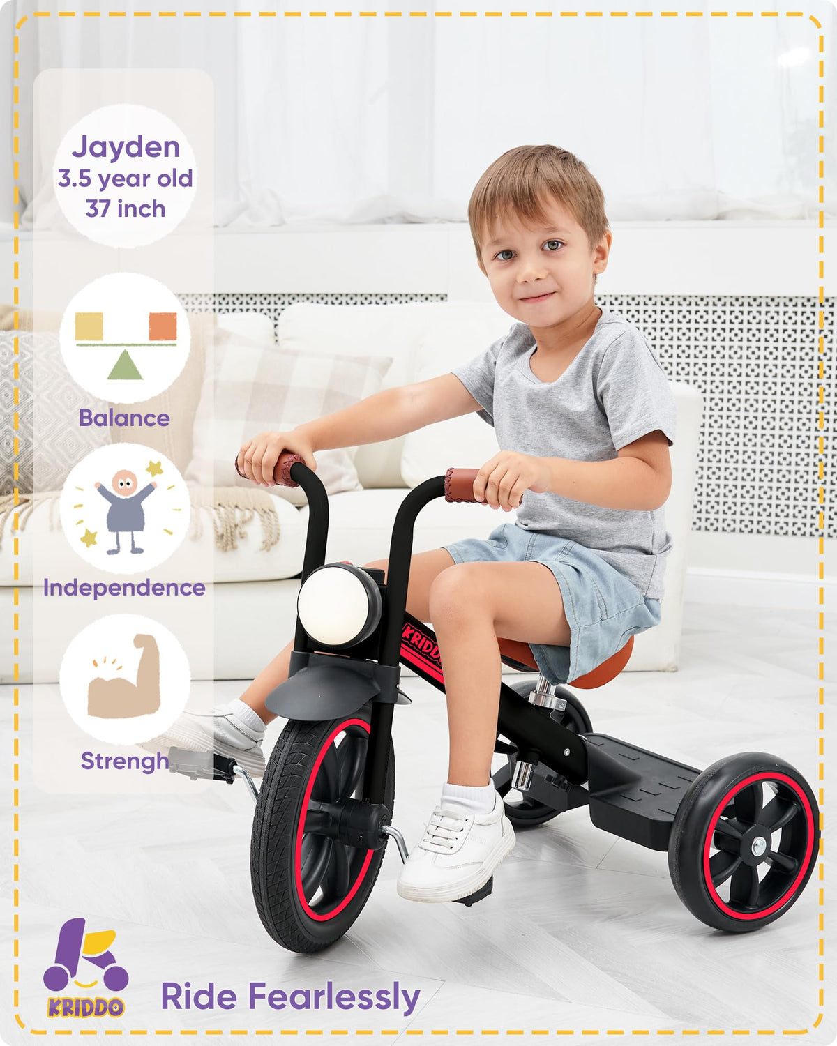 KRIDDO Kids Tricycle side view shows adjustable seat height for growing children
