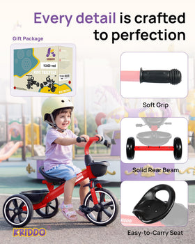 KRIDDO Kids Tricycle side view red highlights easy steering for new riders