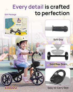 KRIDDO Kids Tricycle side view emphasizes balanced wheels for learning to steer.