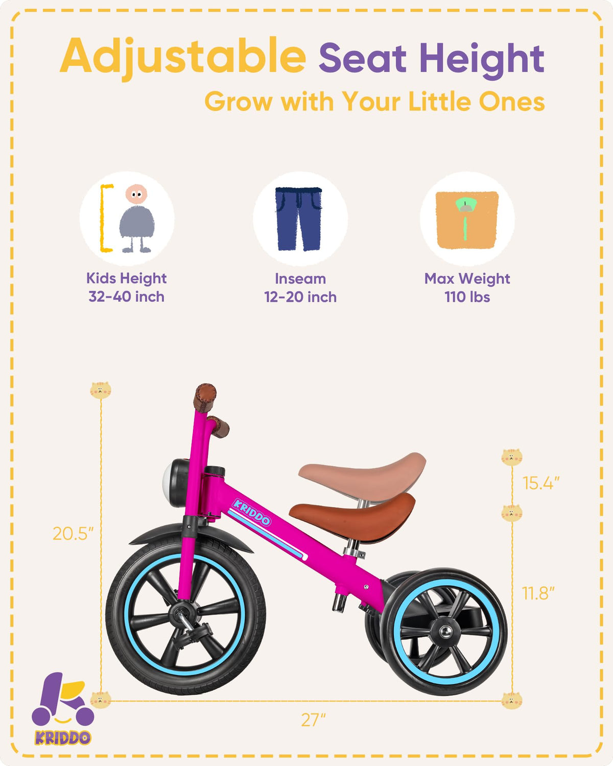 KRIDDO Kids Tricycle silent wheels for indoor outdoor use