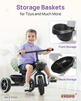 KRIDDO Kids Tricycle wheels with shock absorption enable smooth rides indoors and outdoors.