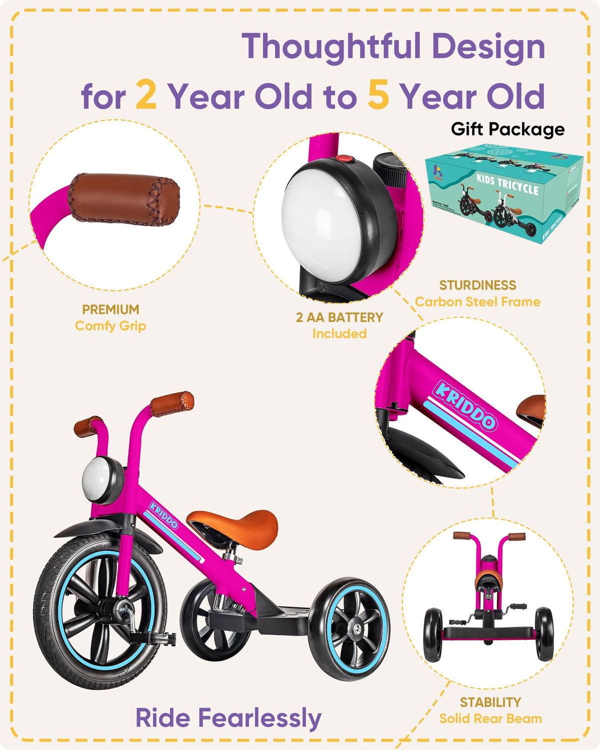 KRIDDO Kids Tricycle wider base for stability during steering