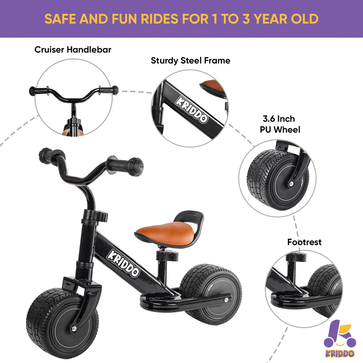 KRIDDO balance bike ears and cap with soft TPR for easy grasp