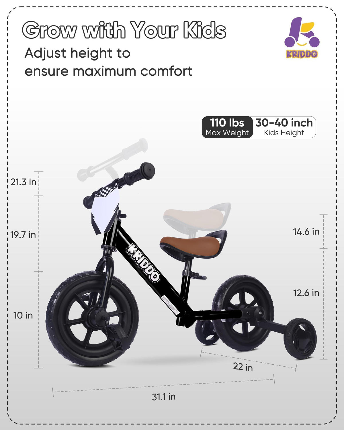 KRIDDO soft seat with quick-release adjustments for comfort