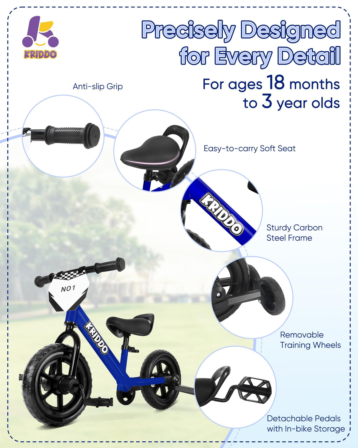 KRIDDO soft seat and quick-release fixtures for child comfort.