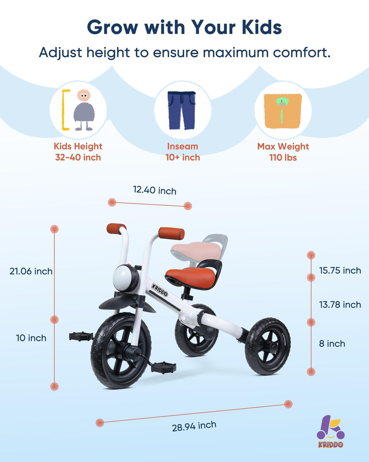 KRIDDO stitched soft-grip handles provide comfy control for little hands