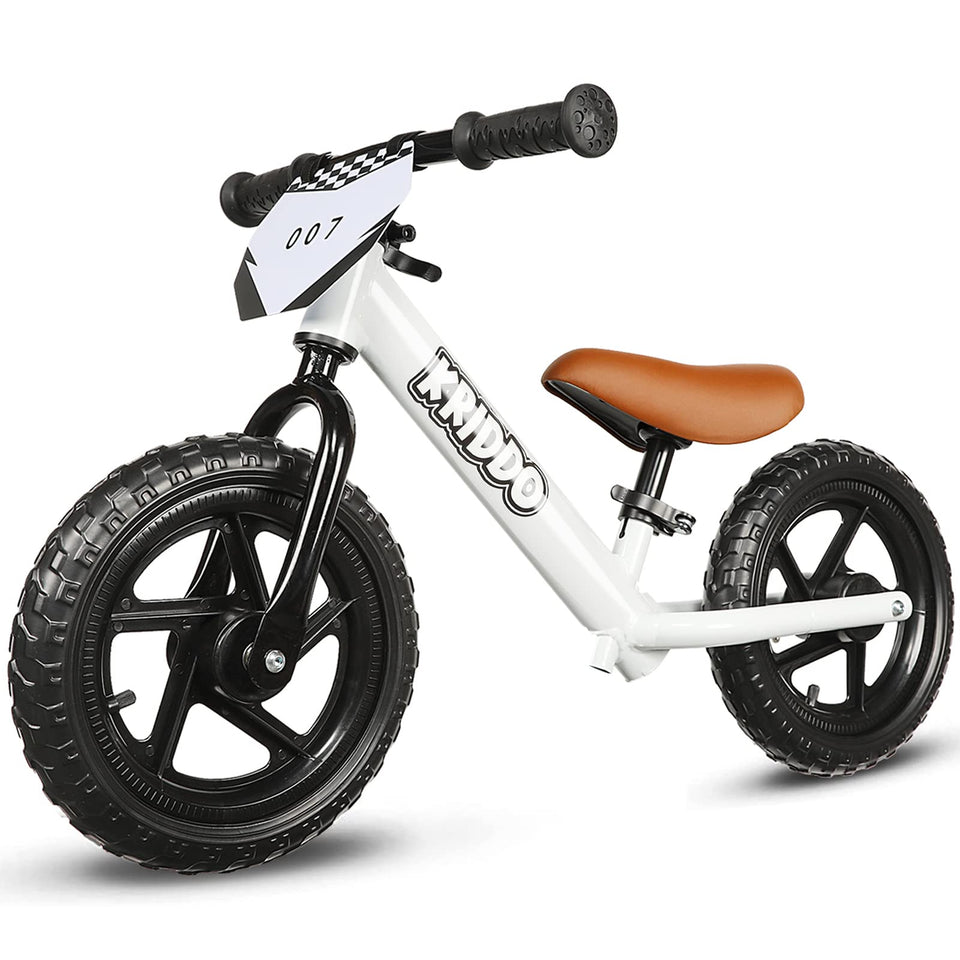KRIDDO balance bike frame close-up, showing a sturdy carbon-steel build for lasting play.