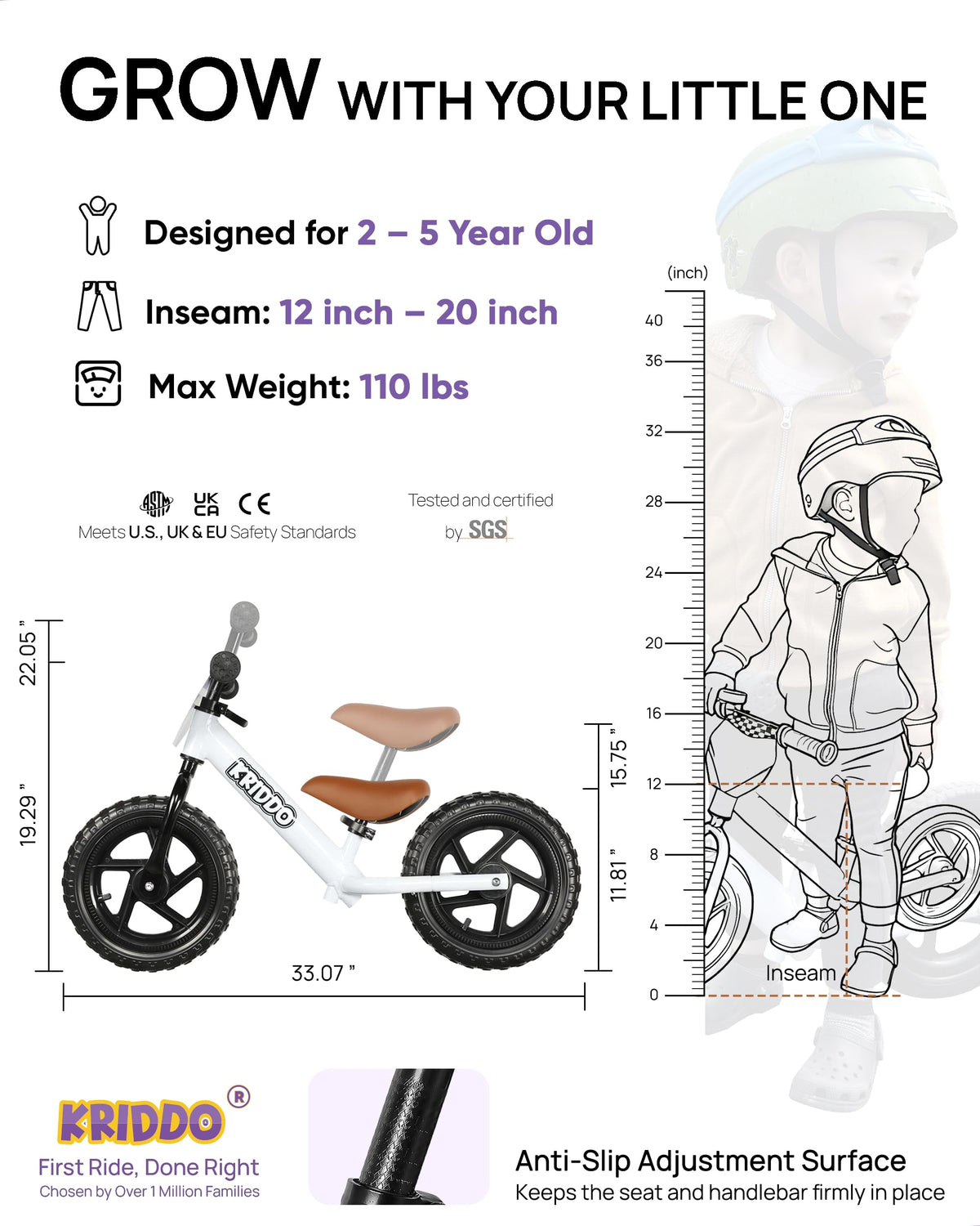 KRIDDO balance bike seat soft PU for comfortable rides.