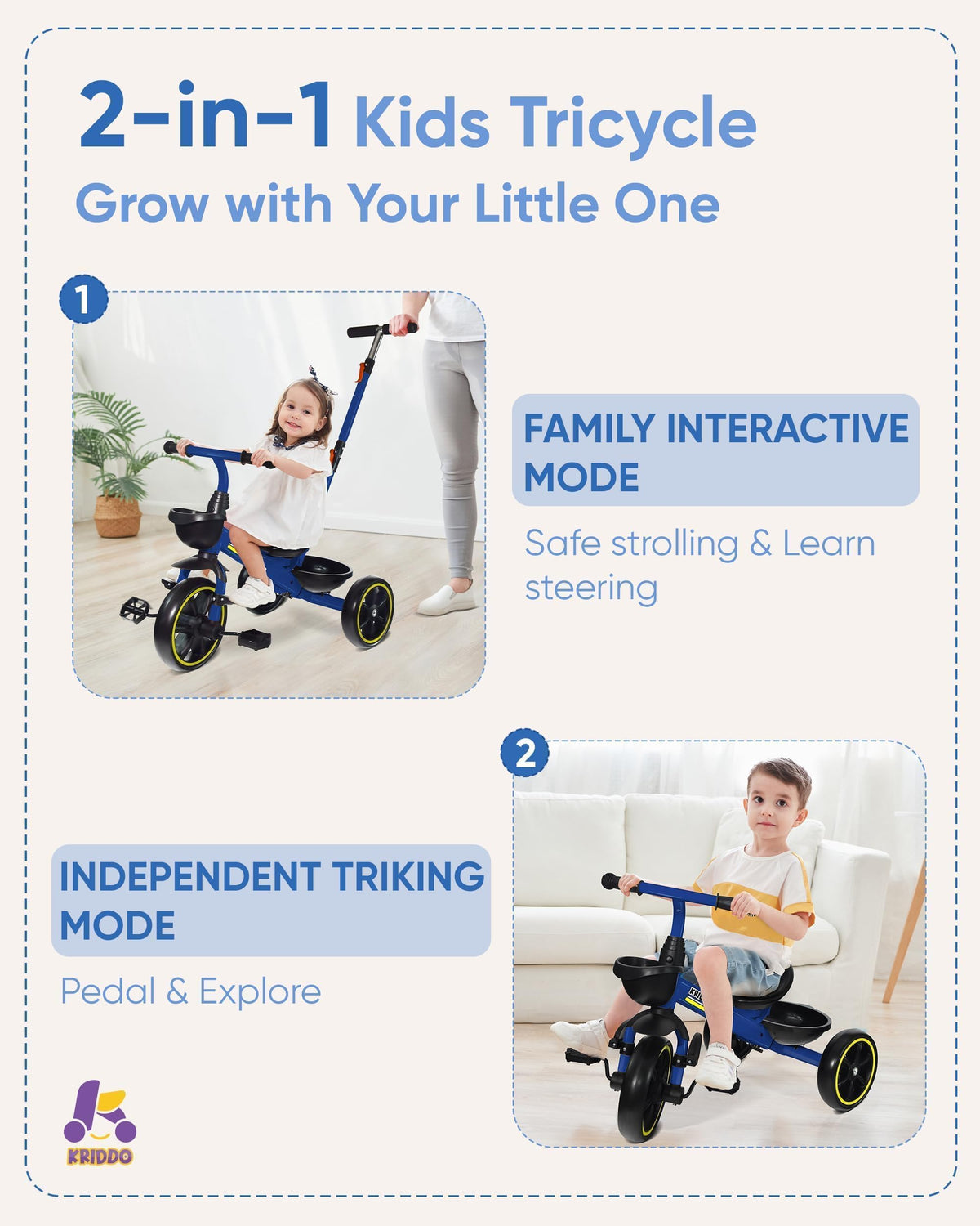 KRIDDO toddler tricycle blue foldable front footrest supports growing riders