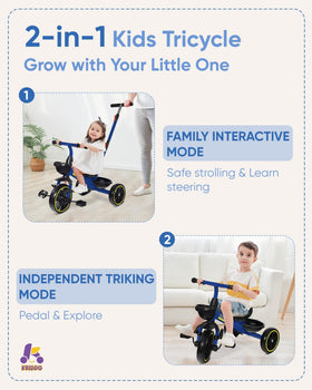 KRIDDO toddler tricycle blue foldable front footrest supports growing riders