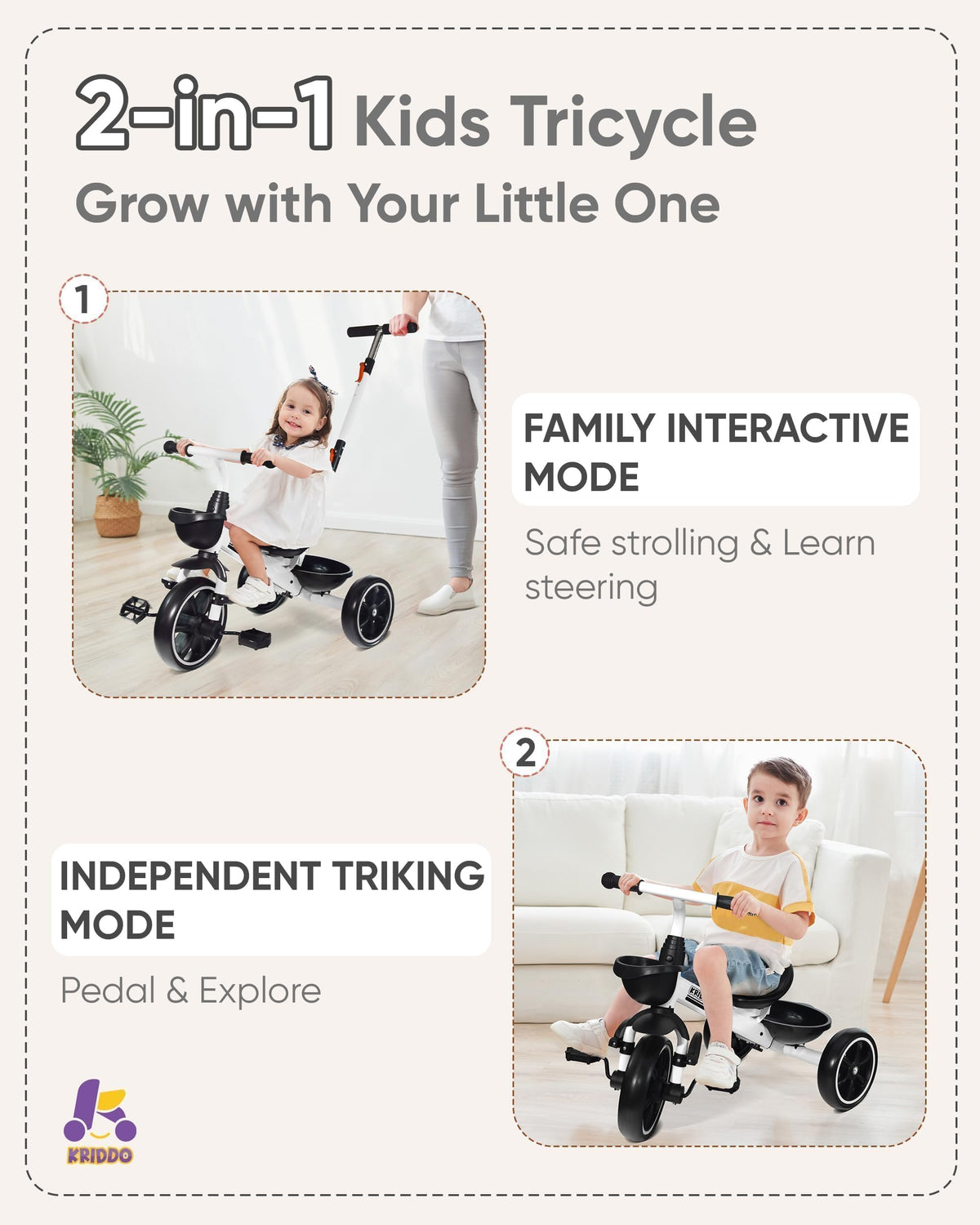 KRIDDO toddler tricycle footrest supports pushing and resting for growing riders.
