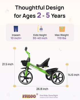 KRIDDO tricycle green handle grips emphasize non-slip comfort for steady steering.