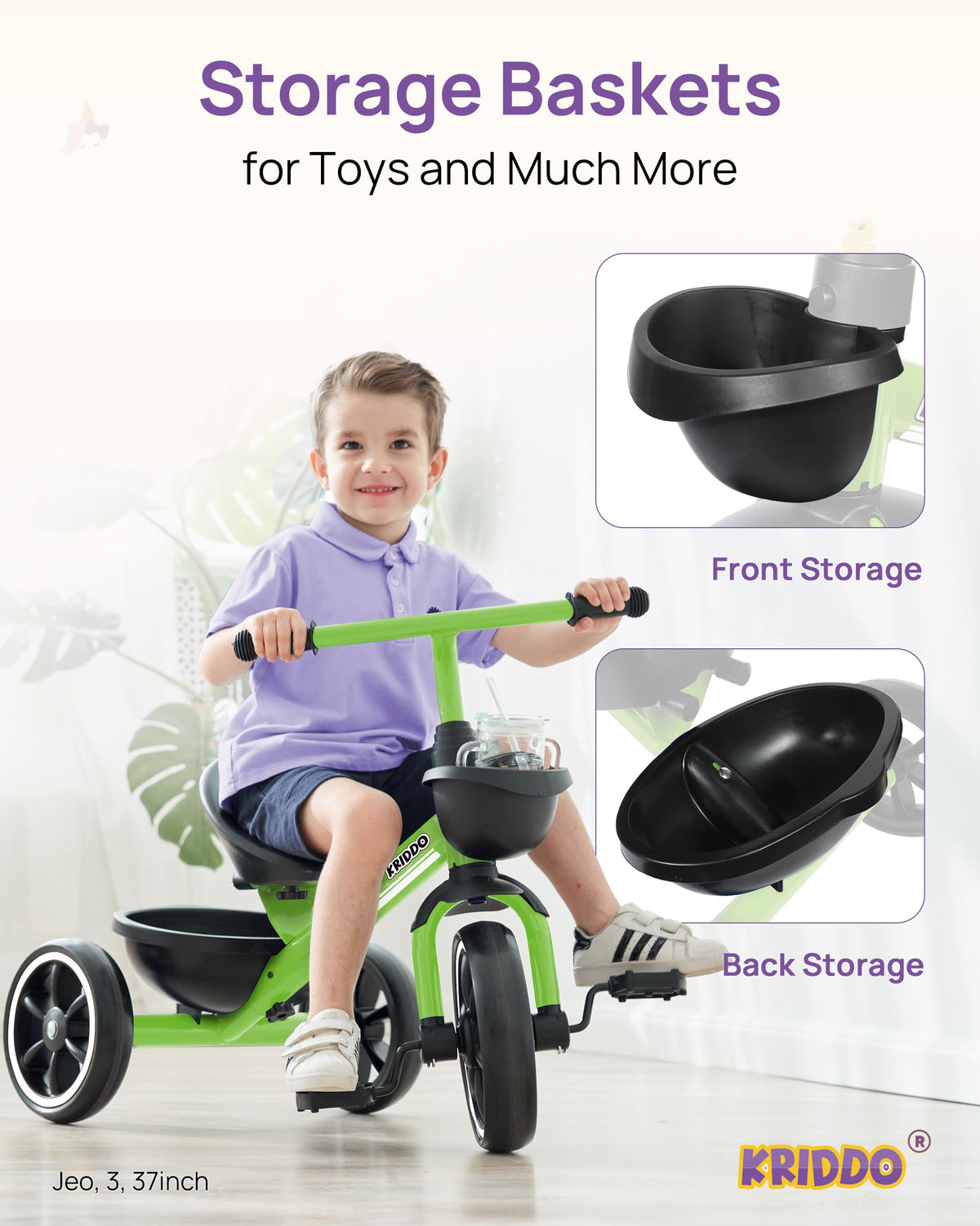 KRIDDO tricycle green indoor-outdoor use demonstrates quiet wheels on hardwood floors.
