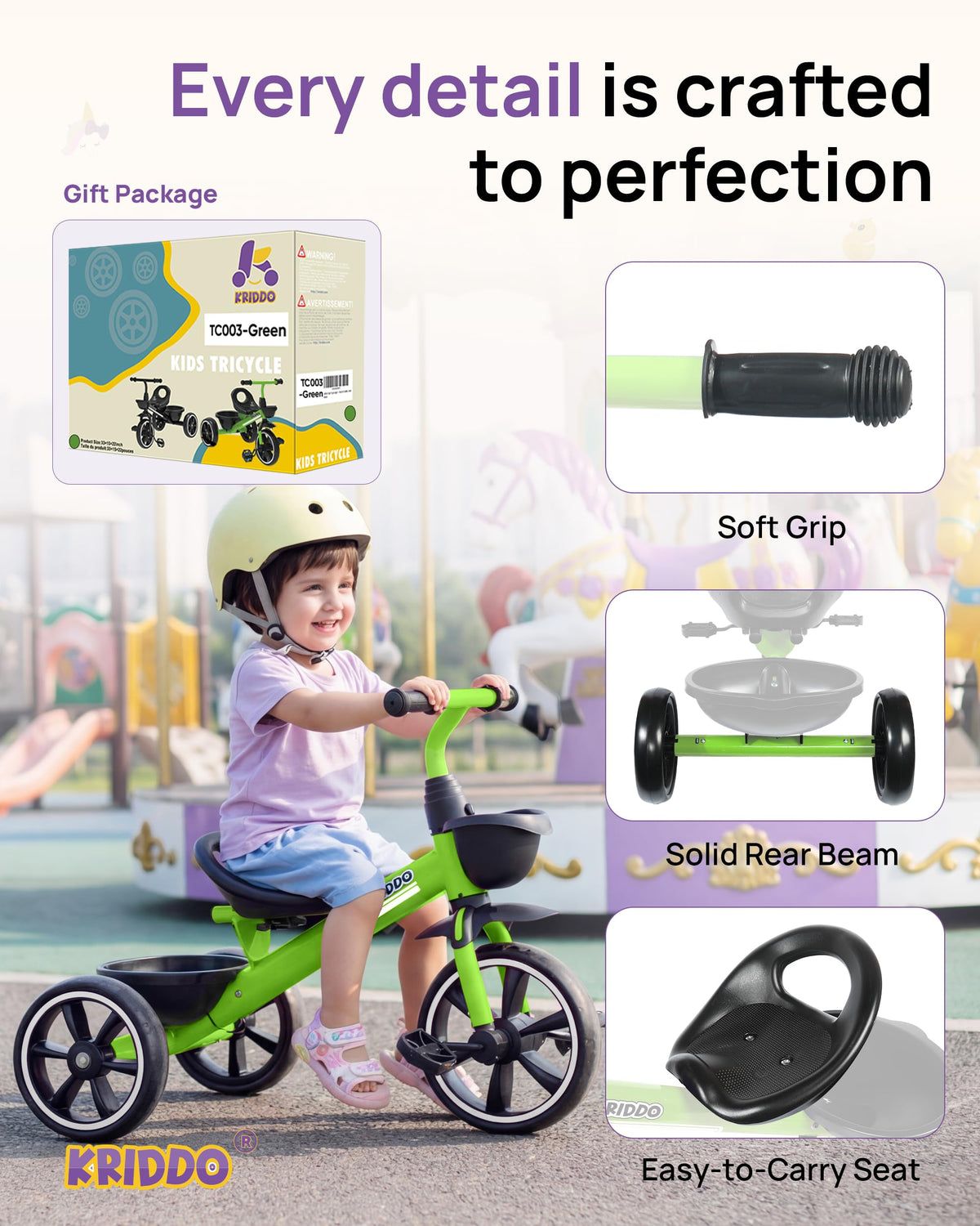 KRIDDO tricycle green seat close-up highlights ergonomic seating for comfort.