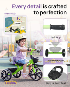 KRIDDO tricycle green seat close-up highlights ergonomic seating for comfort.