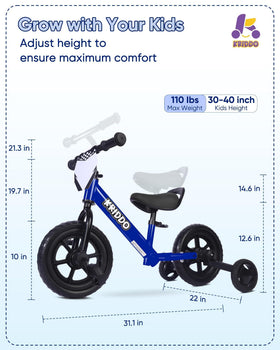KRIDDO tool-free adjustment of seat and handlebars for growing kids.