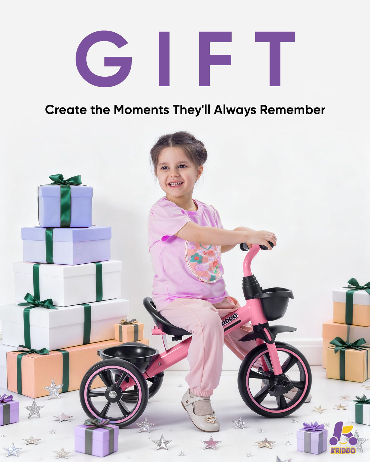 KRIDDO pink tricycle gift-ready for young riders