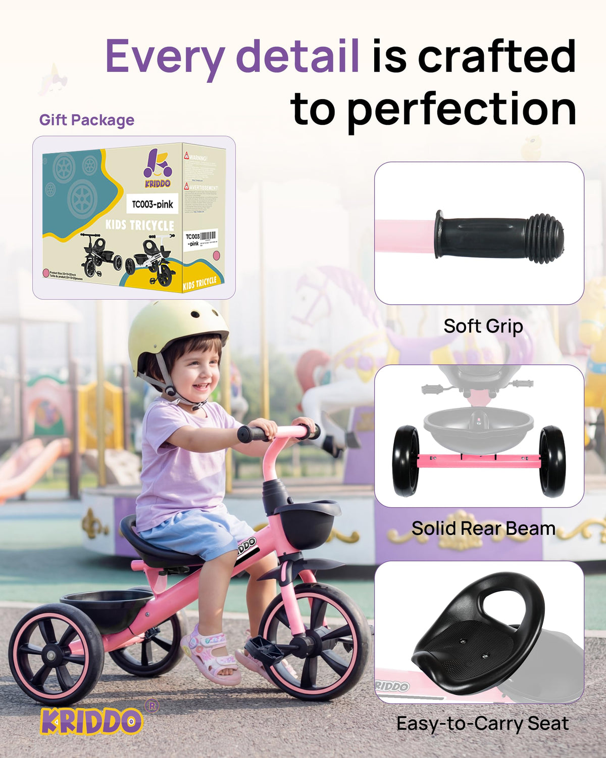 KRIDDO tricycle triangle design with extended rear wheels for stability
