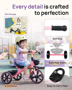 KRIDDO tricycle triangle design with extended rear wheels for stability