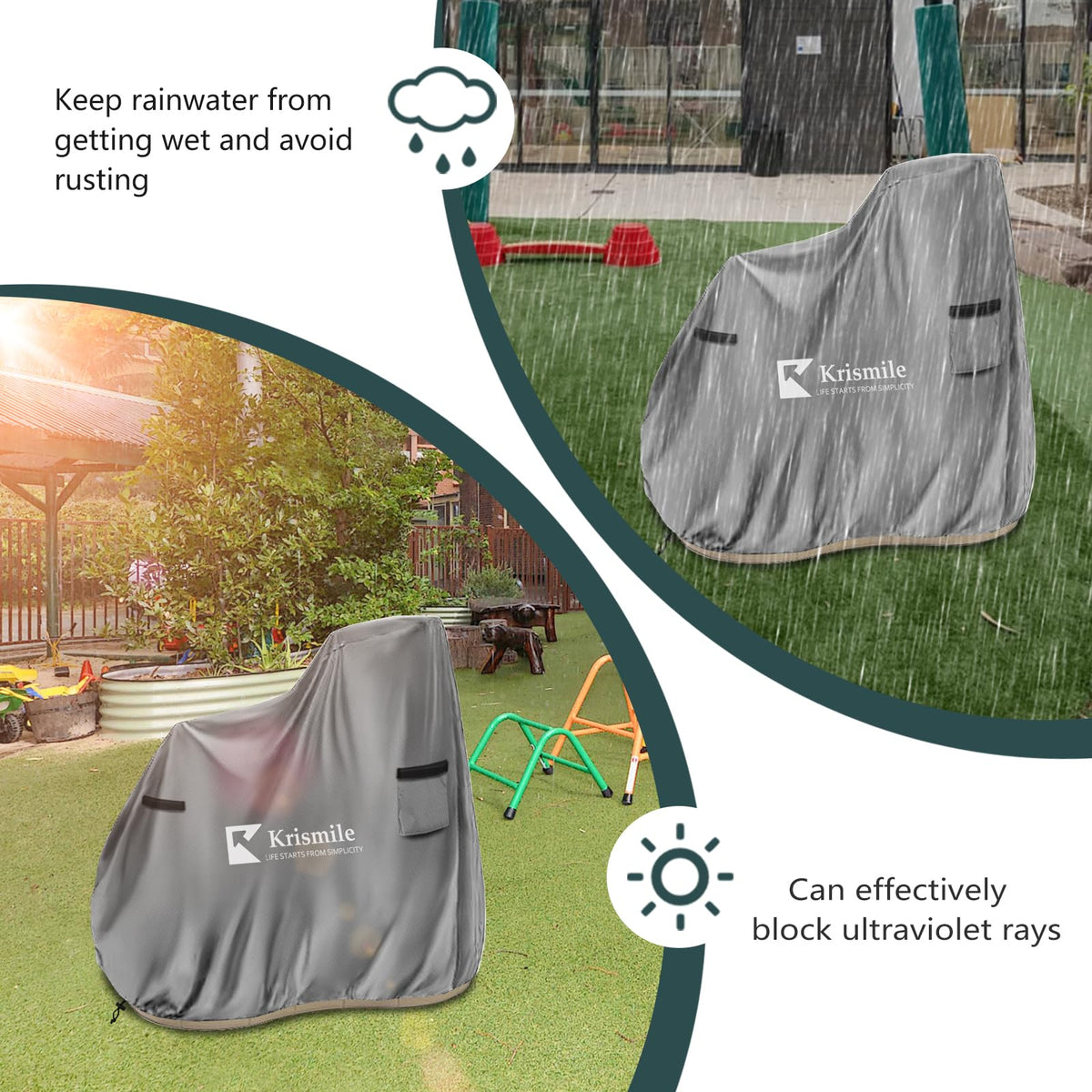 Krismile grey cover adds color while protecting play area.