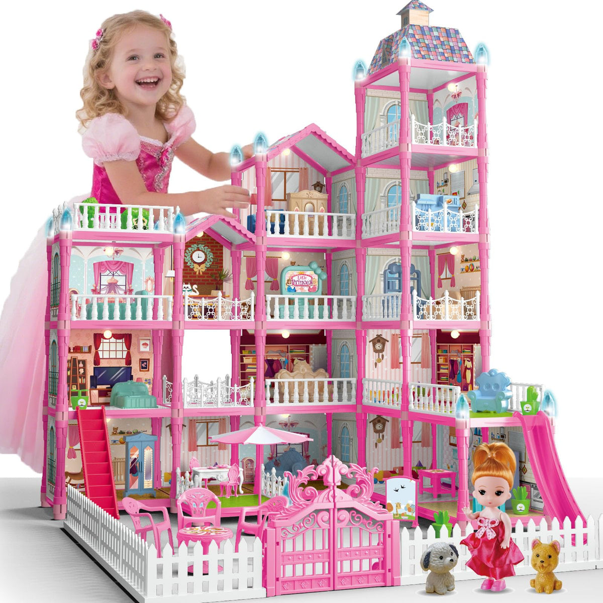 Krittybell Villa Playset overview with a 5-story pink design for imaginative play