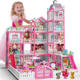 Krittybell Villa Playset overview with a 5-story pink design for imaginative play