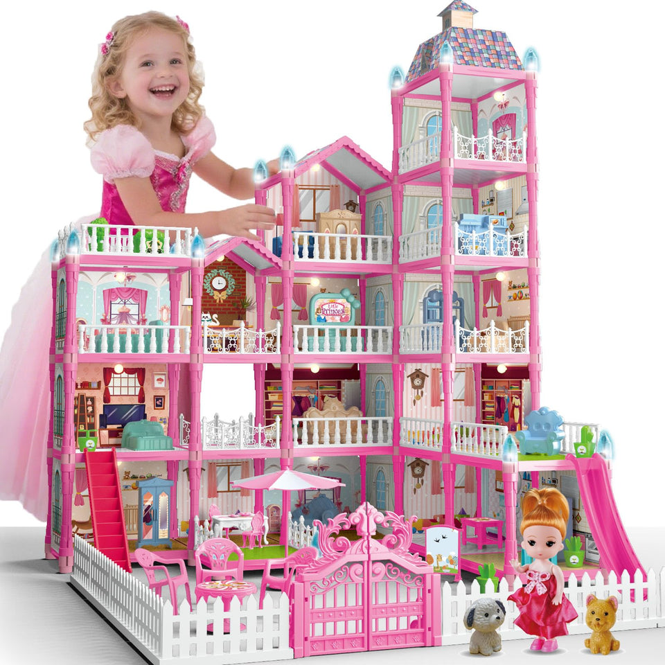 Krittybell Villa Playset overview with a 5-story pink design for imaginative play