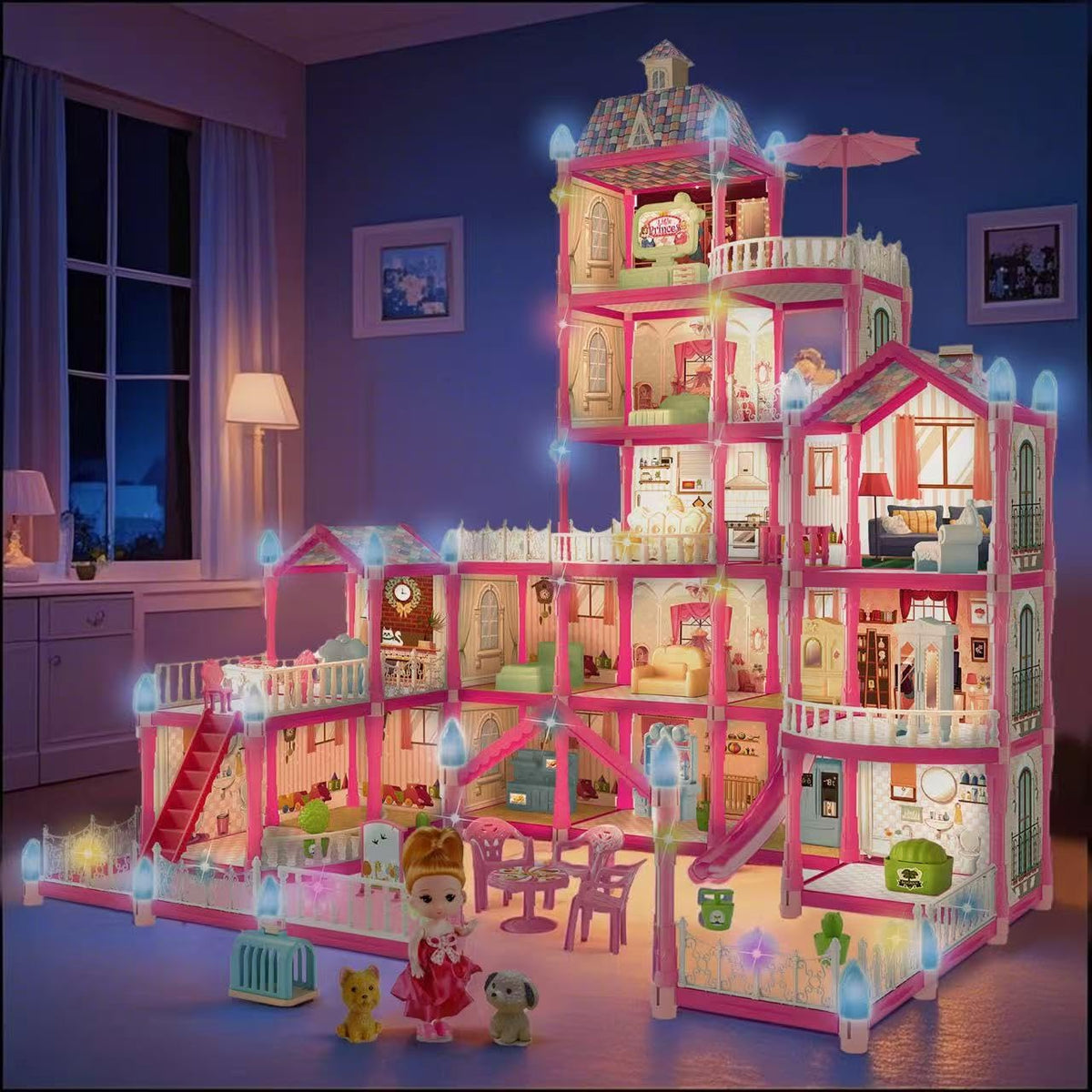 Krittybell Villa accessories including dolls and a dog for storytelling