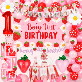 Kriyokiaa Berry first birthday arch garland enhances party decor.