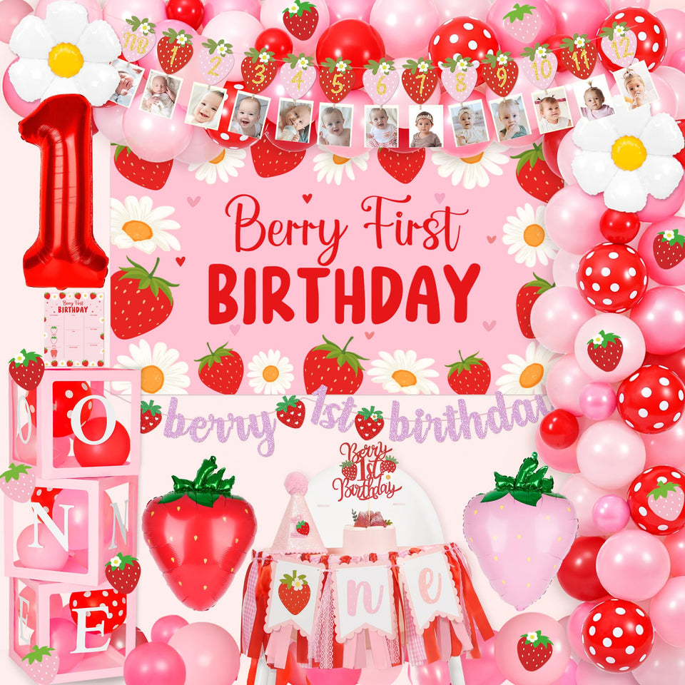 Kriyokiaa Berry first birthday arch garland enhances party decor.