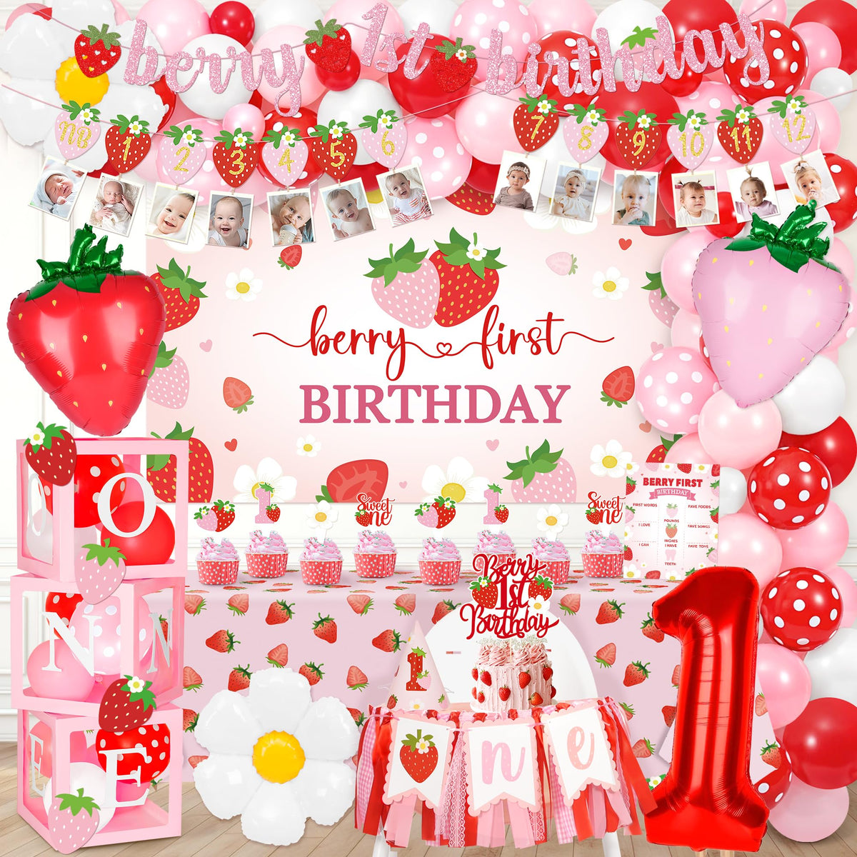 Kriyokiaa Berry First Birthday Arch—vibrant strawberry decor backdrop for photos