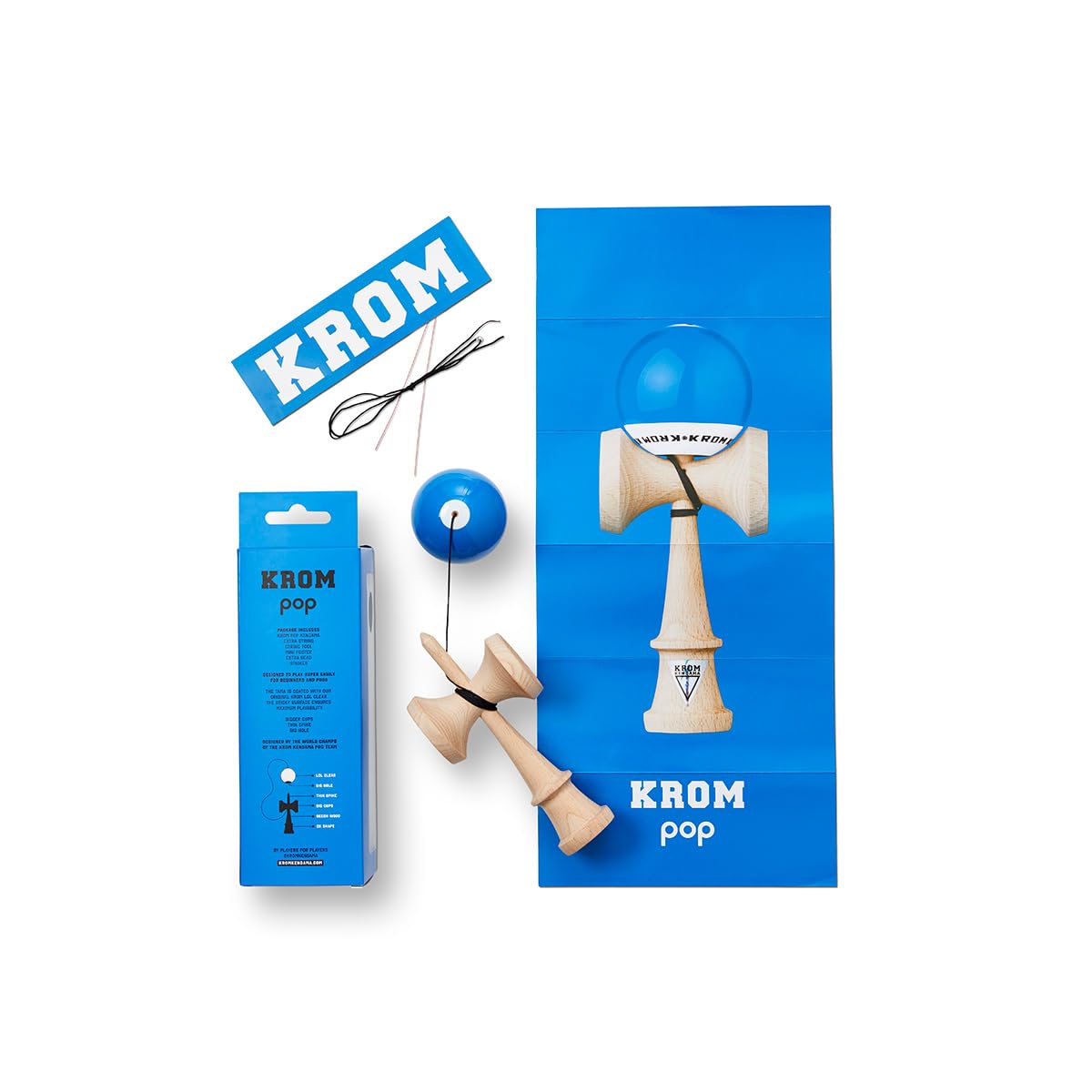 KROM Kendama POP LOL dark blue tricks photo shows larger cups for easier catches.